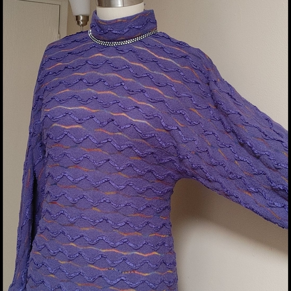 Vintage 80s Purple Long Shift Dolman Sleeves Dress with Texture - Picture 6 of 16